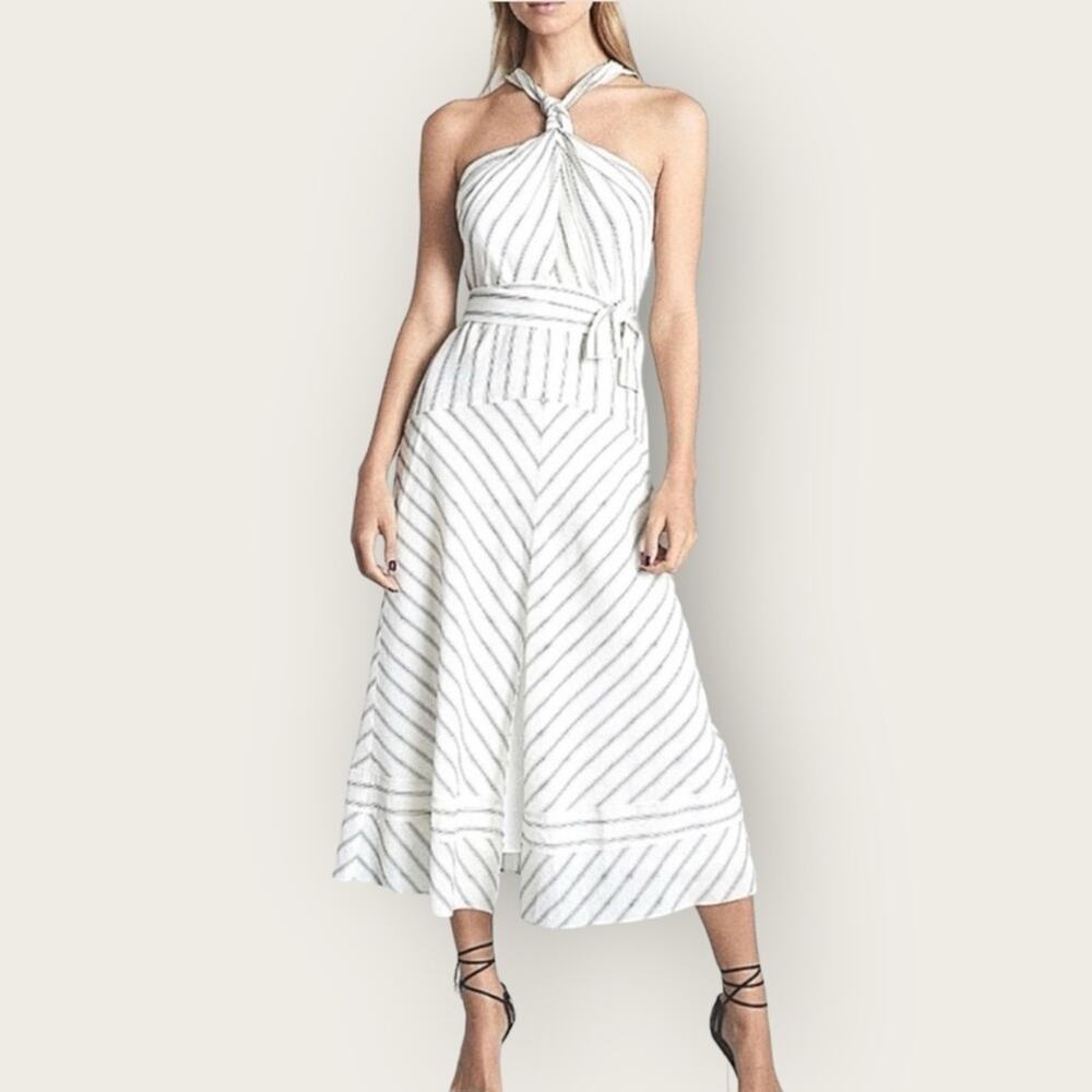 NWT | Reiss | Bea Striped Halter Midi Dress | White/Gray | Size 12 US